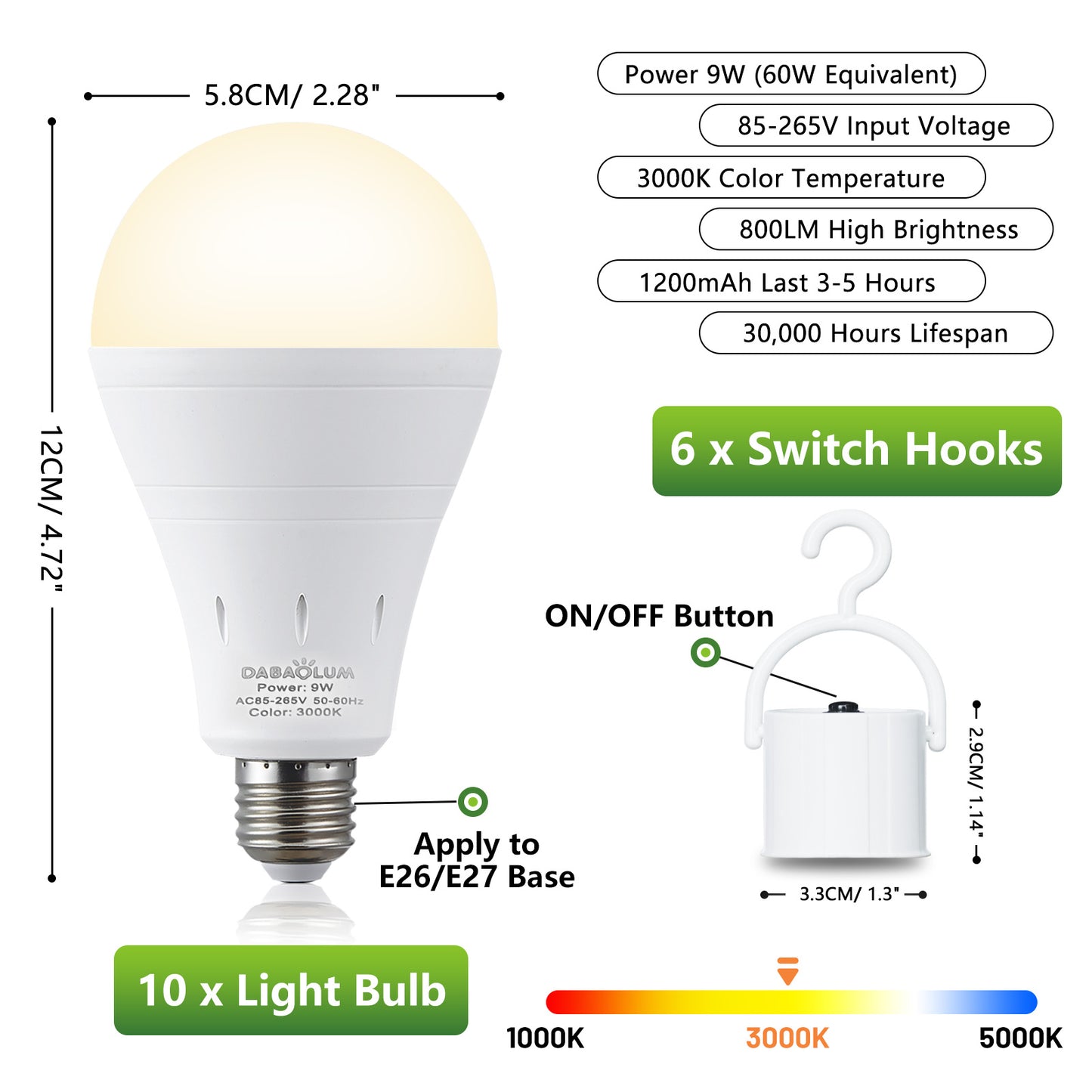 10 Pack Rechargeable Battery Operated Emergency Light Bulb E26 120 Volt 9W 3000K