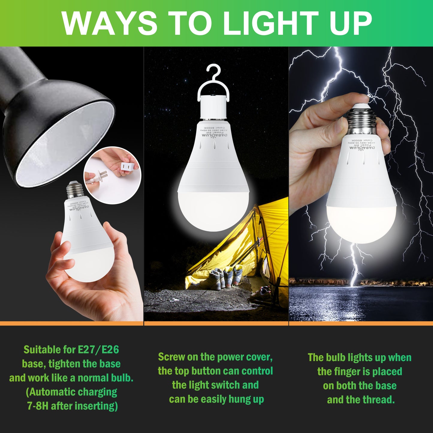 10 Pack Rechargeable Battery Operated Emergency Light Bulb E26 120 Volt 9W 6000K