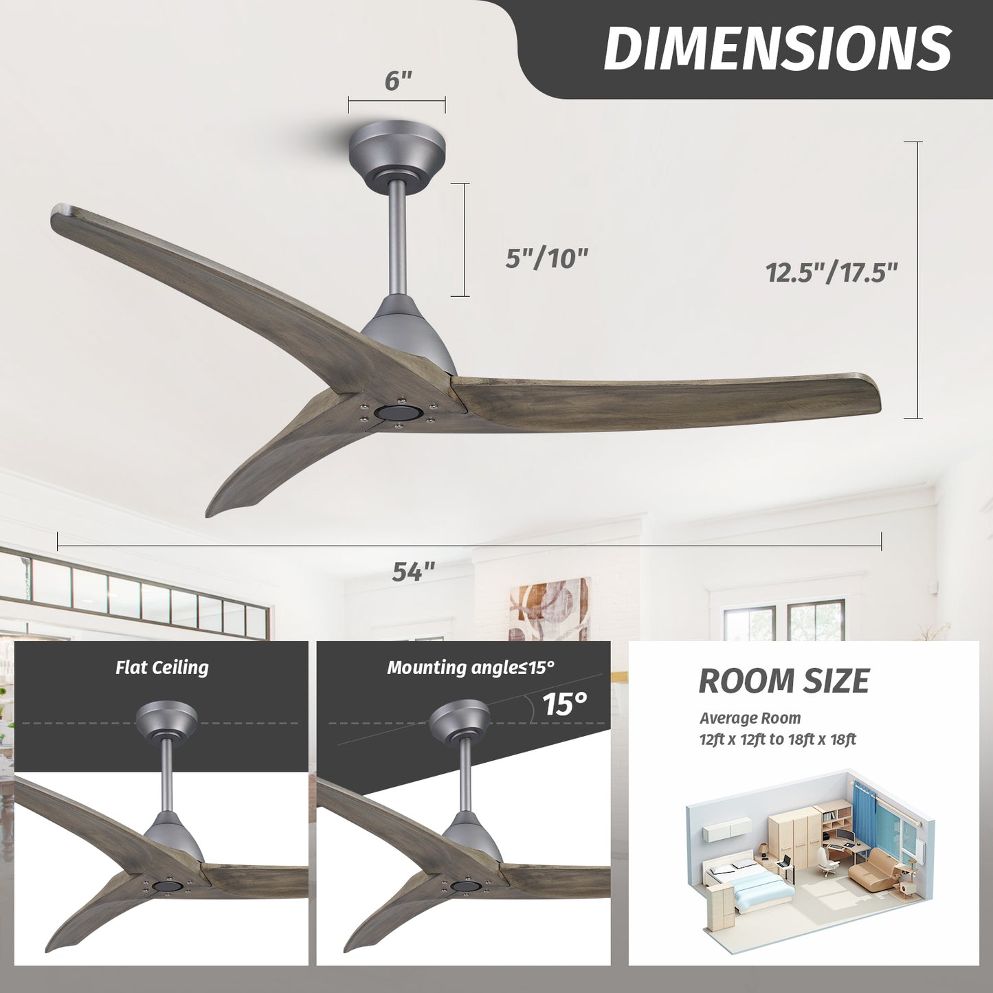 54" Art Deco Silver Grey Wood Ceiling Fan No Lights with Reversible DC Motor