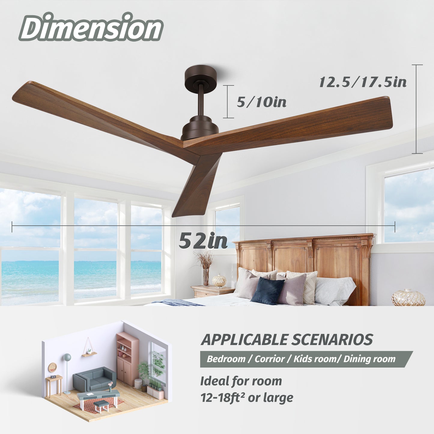 52" Modern 3 Wood Blades Coffee Brown Ceiling Fan no Light with Remote