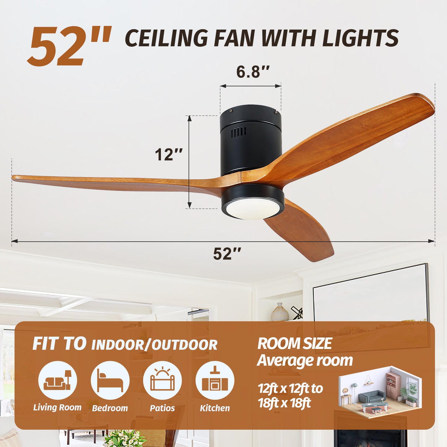 52" Farmhouse Brown Low Profile Wood Ceiling Fan with Light and Remote