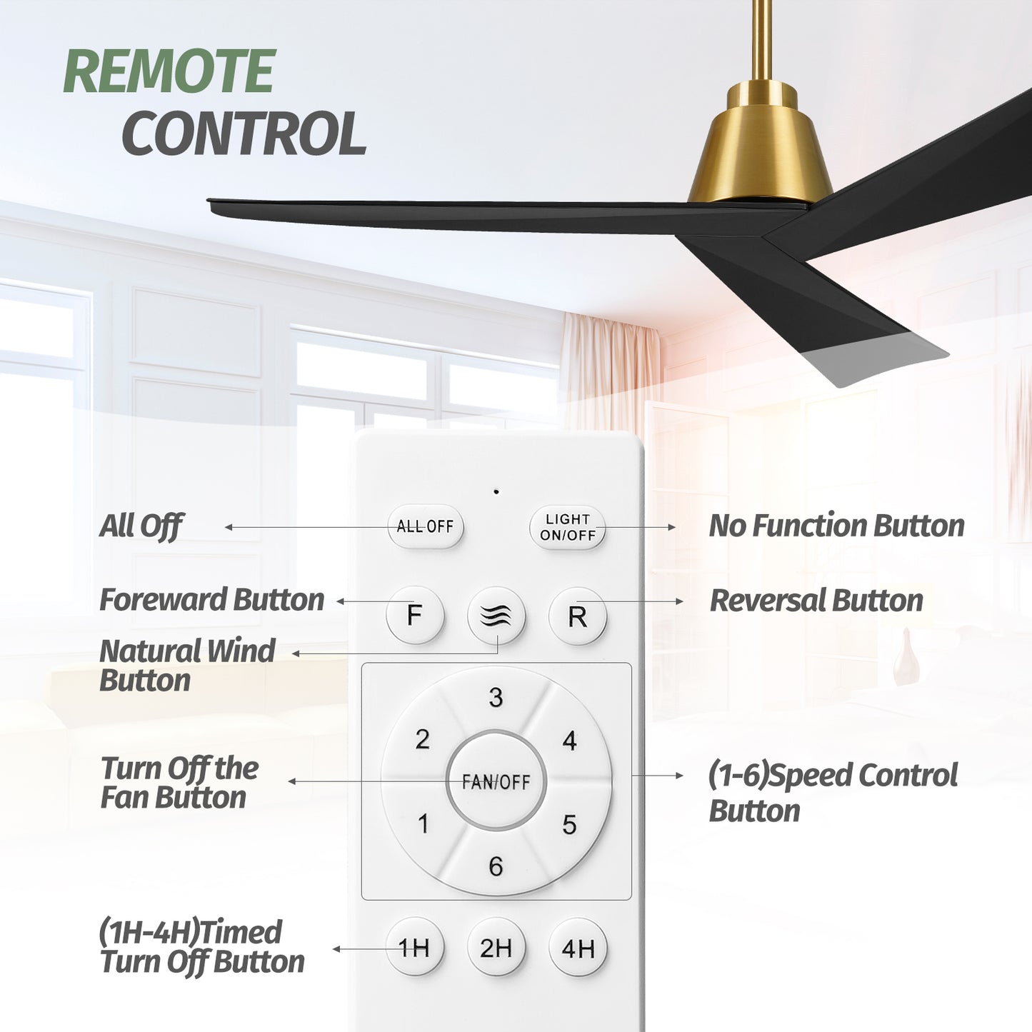 52" Modern Black Gold Ceiling Fan no Light with Remote for Living Room