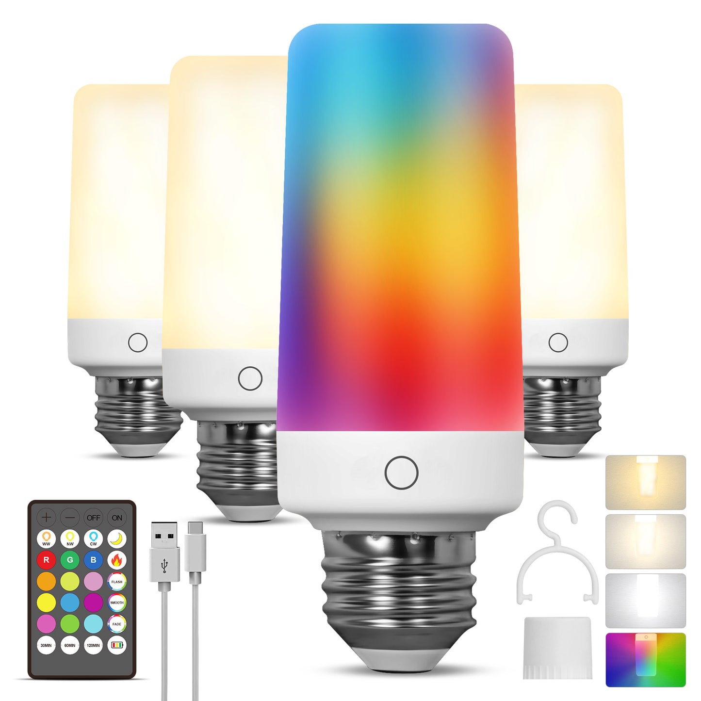 4PK Rechargeable Light Bulb with Remote,Dual Charging Way,Tuned White&RGB
