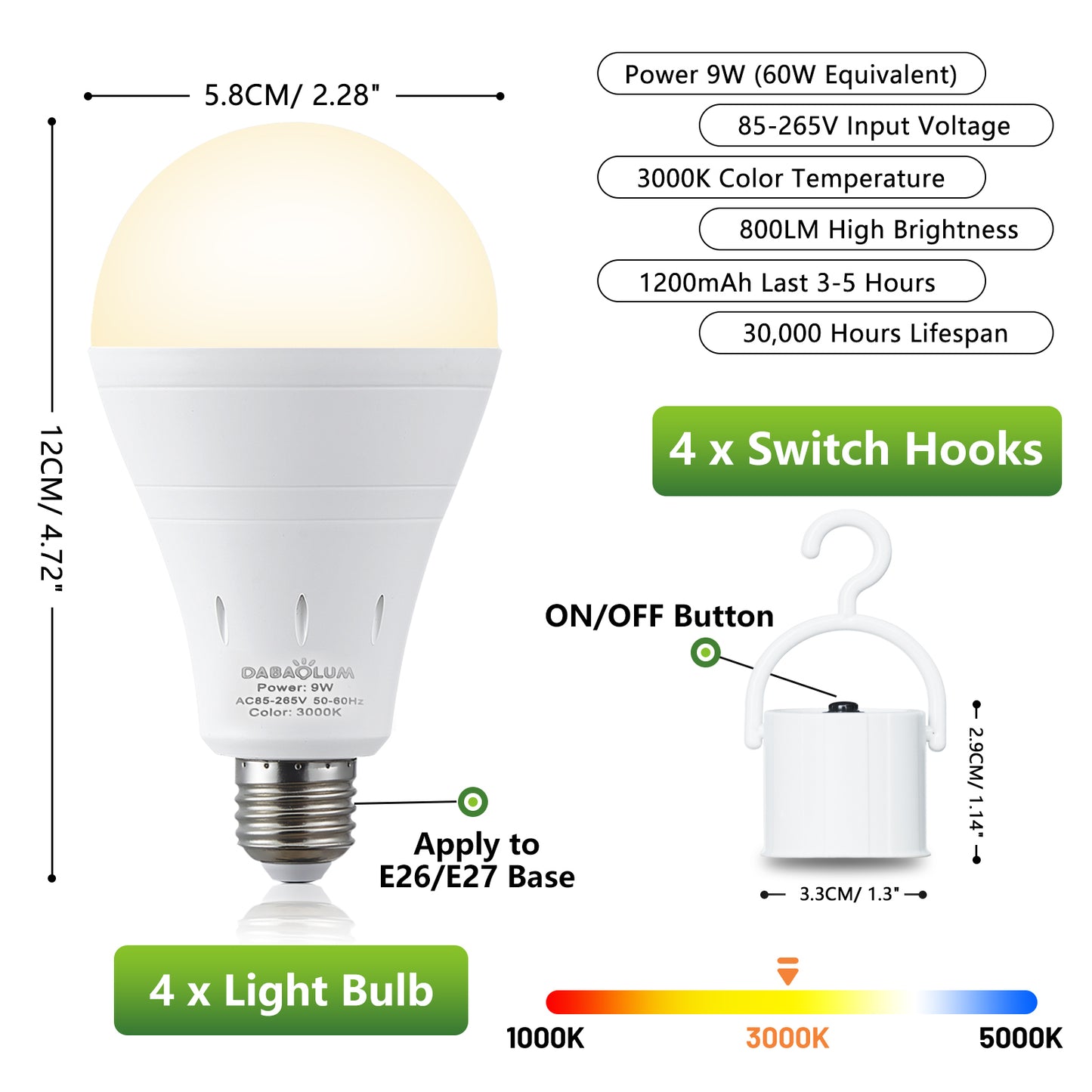 4 Pack Rechargeable Battery Operated Emergency Light Bulb E26 120 Volt 9W 3000K